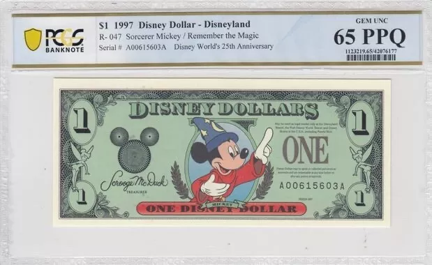 1997 $1 Disney Dollar Sorcerer Mickey PCGS GEM UNC 65 PPQ AA Block DISNEYLAND *