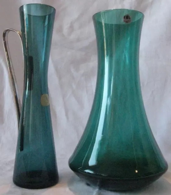 2 grüne Kristall Glas Vasen 60er, 22,5 - 23 cm, RHEINKRISTALL u. ALFRED TAUBE