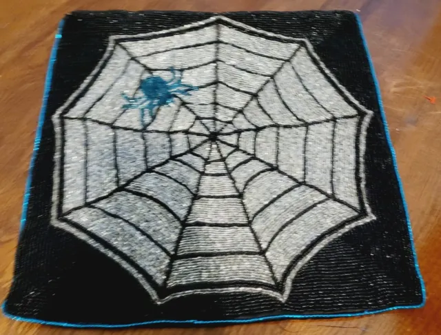 Pier 1 Glass Beaded Spider Web Square Pillow Cover 14” Sparkly Halloween Spooky