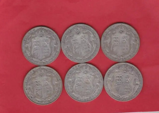 Six Key Date 1925 50% Silver Half Crowns In A Used Fair Condition