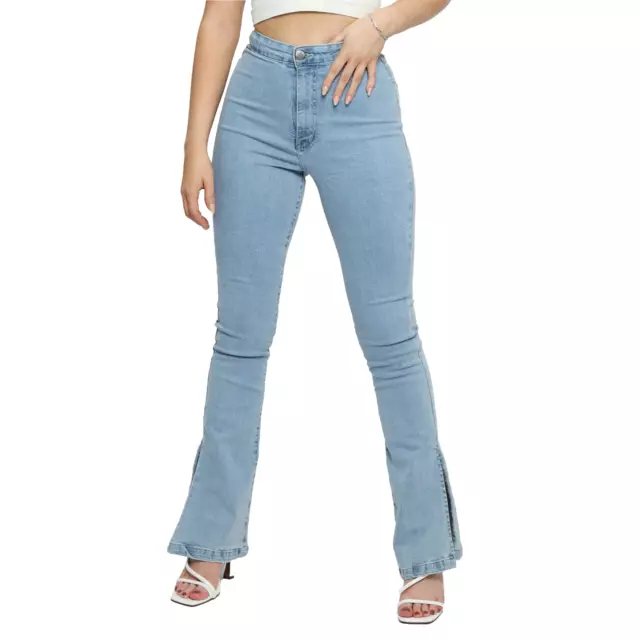 Womens Ladies Denim Jeans Light Blue Wash Split Denim Flare Pants All Sizes UK