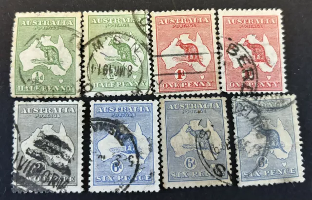 Australian Kangaroos 1913-14 8 Stamps 1st Wmk Used