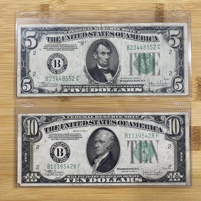 1934 C $5 AND $10 Federal Reserve Notes CRISP “BIG B" New York Light Green Lot!