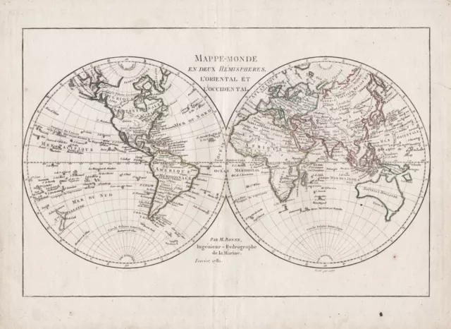 World map Weltkarte Mappemonde Australia America Bonne engraving 1781