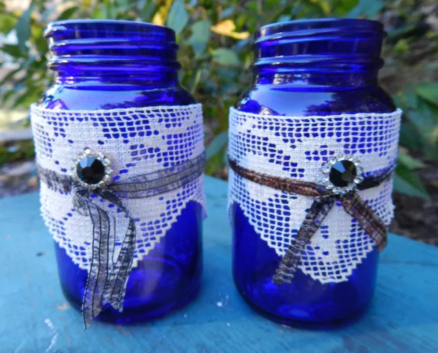 2 Cobalt Blue GLASS BOTTLES - Vanity Display Decoration Jars, VINTAGE LACE, New