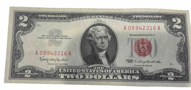 1963 $2 two dollar bill RED SEAL UNCIRCULATED !