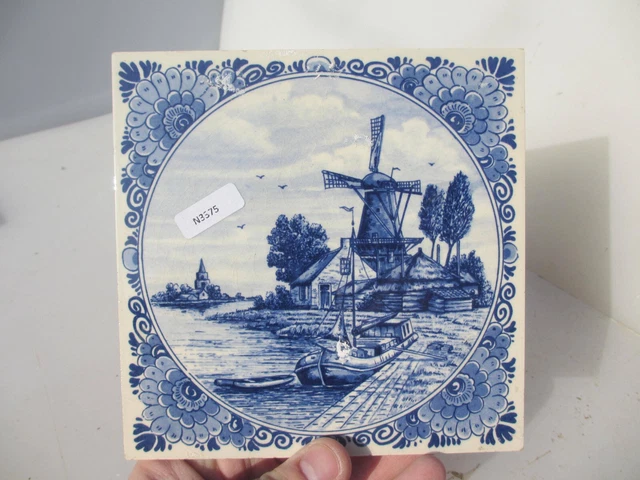 Vintage Ceramic Tile Dutch Village Boats River Cottage Fishing Windmill
