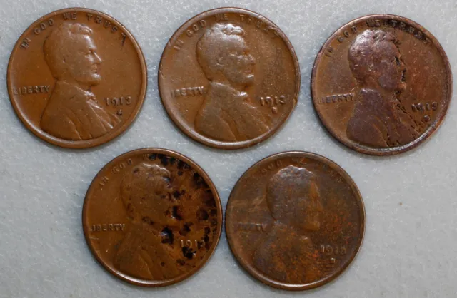 1913 S Lincoln Wheat Bronze Penny One Cent US 5 Coin Lot 1c Penny Circulated