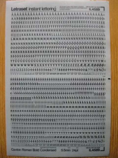 1 x Letraset Upp/Low/Num CAXTON ROMAN BOLD COND 24pt 5.5mm Sheet IL4589   a(bb)