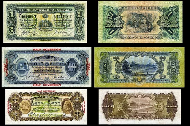 !Copy! 3 Australia 1913-33 Banknotes: 1£ 10 Shillings 1/2 Sovereign Not Real!