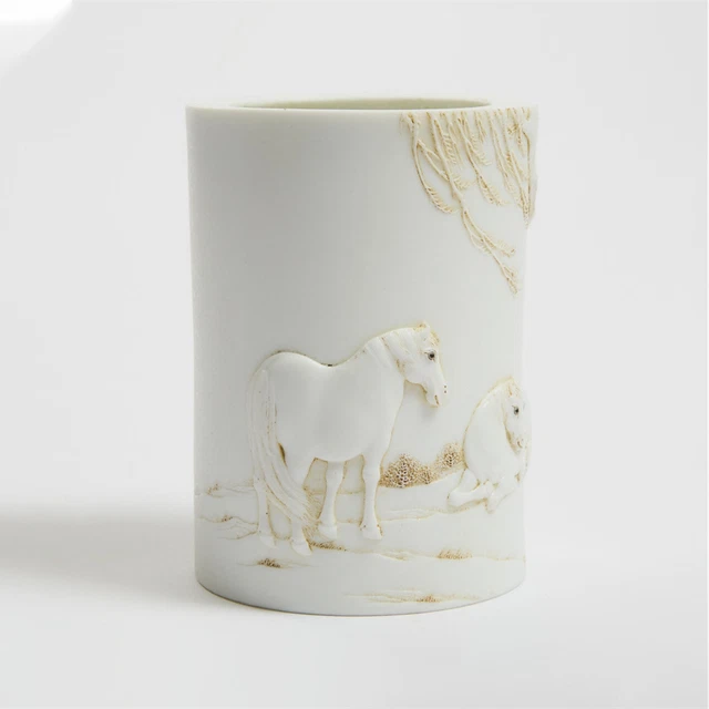 A FINE White Biscuit Porcelain 'Willow Tree and Horses' Brushpot, BITONG