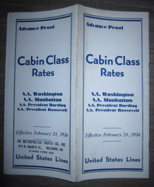 Vtg United States Lines cruise advance proof brochure, Cabin Class Rates, 1936
