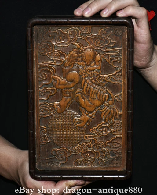 9.6” Rare Old Chinese Wood Carving Dynasty Palace Foo Dog Lion Tray Pallet