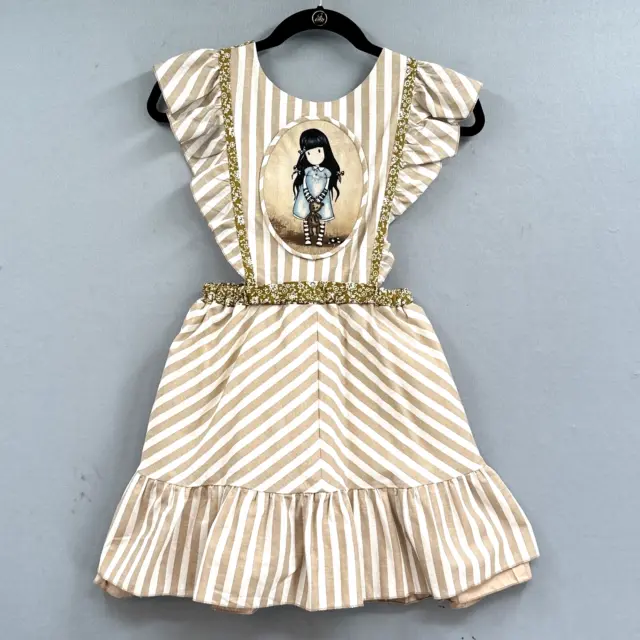 Ruffled Striped Penafore Dress Girls Sz 6 Tan White Bear Child Prairie Cottage