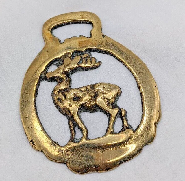 Brass Horse Medallion Vintage English Stag Deer Buck Rack Walk Hunt Parade Show