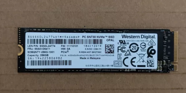 Western Digital PC SN730 256GB M.2 NVMe PCIe SSD Opal