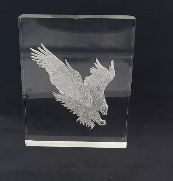 Vintage Joseph Galvan Etched Lucite Acrylic Sculpture Eagle Signed 1981 As-Is