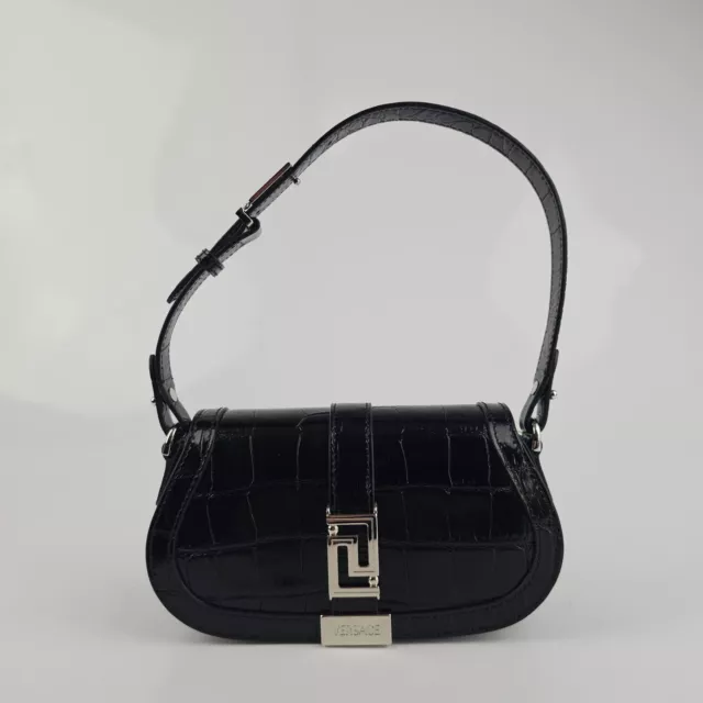 Versace Greca Goddess Mini Black Croc Embossed Leather Shoulder Bag New FW23
