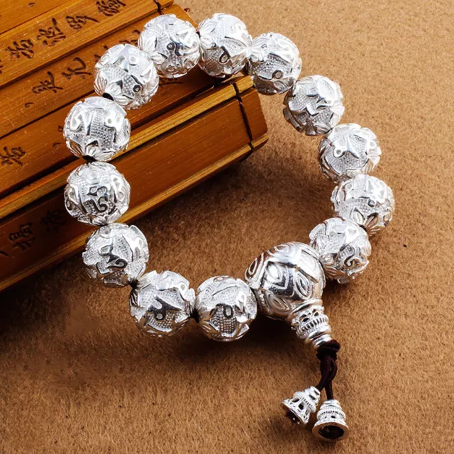 Real Solid 990 Fine Silver Elastic Lucky Bracelet Buddha Beads Om Mani Padme Hum