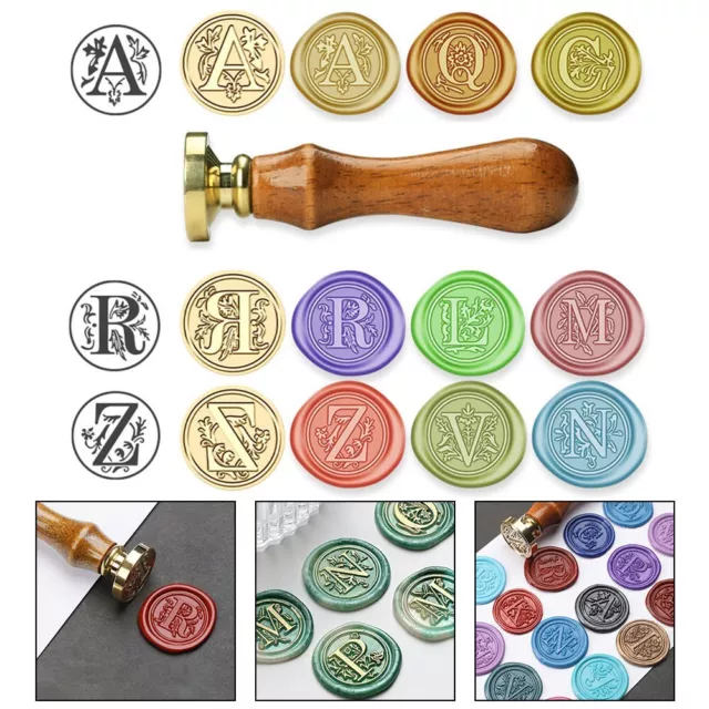 Antique style Alphabet AZ Wax Seal Stamp Botanical Wood Handle Brass Head