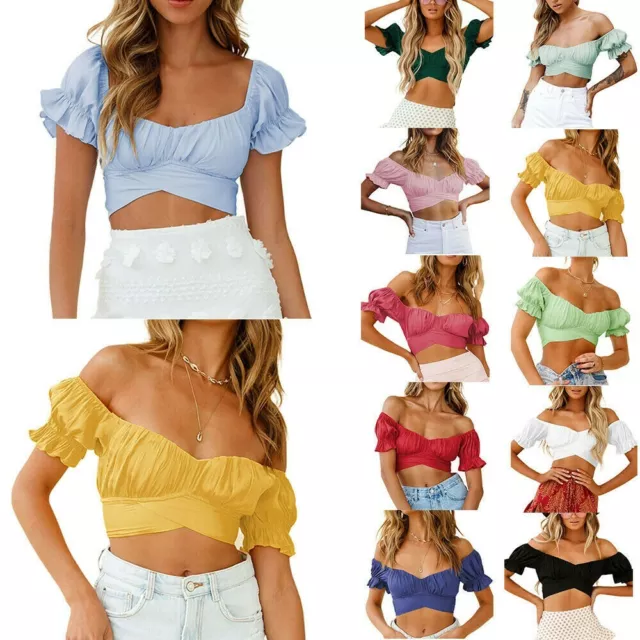 Women Sexy Off Shoulder Short Sleeve Cropped Top Summer Beach Holiday  Shirts 2