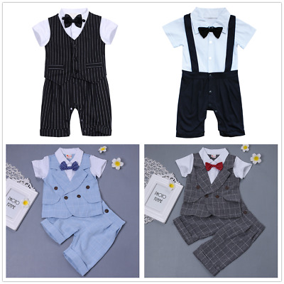 2pcs Baby Boys Gentleman Outfit Formal Party Wedding Bowtie Romper Tuxedo Suit