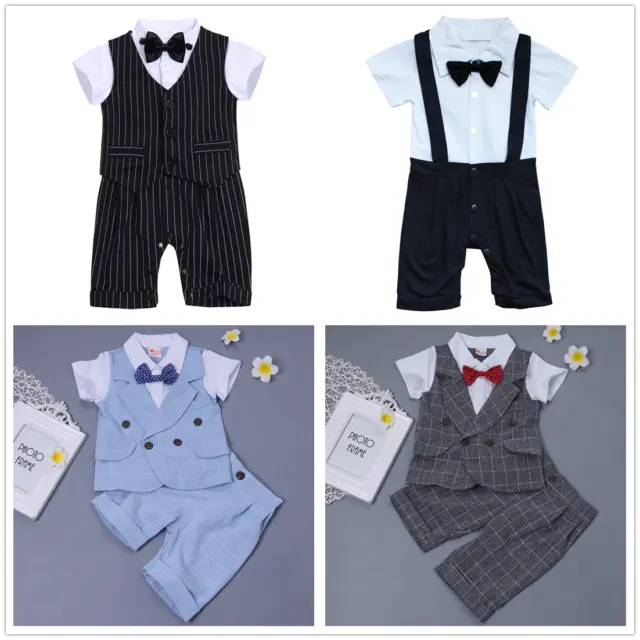 2pcs Baby Boys Gentleman Outfit Formal Party Wedding Bowtie Romper Tuxedo Suit