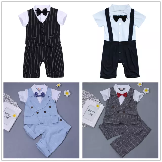 Baby Boys Gentleman Tuxedo Wedding Romper T-shirt Shorts Pants Bow Tie 2PCS Suit