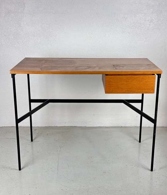 Bureau D'école Pliant Vintage Années 50 - Bleu Rayé, Upcyclé, 60x45x78 Cm