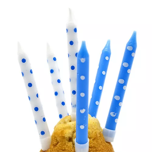 Vela de cumpleaños puntitos (6 uds) 8 cm blanco-azul