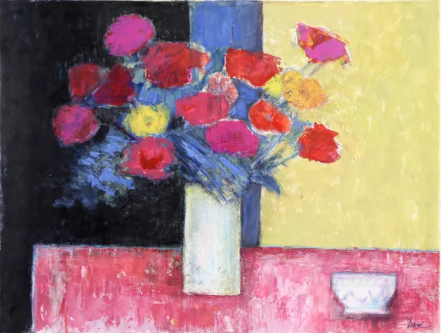 Jose Canes, Stilleben mit Blumen Und Schale, Acryl Und Pastell Auf Papier, Signe