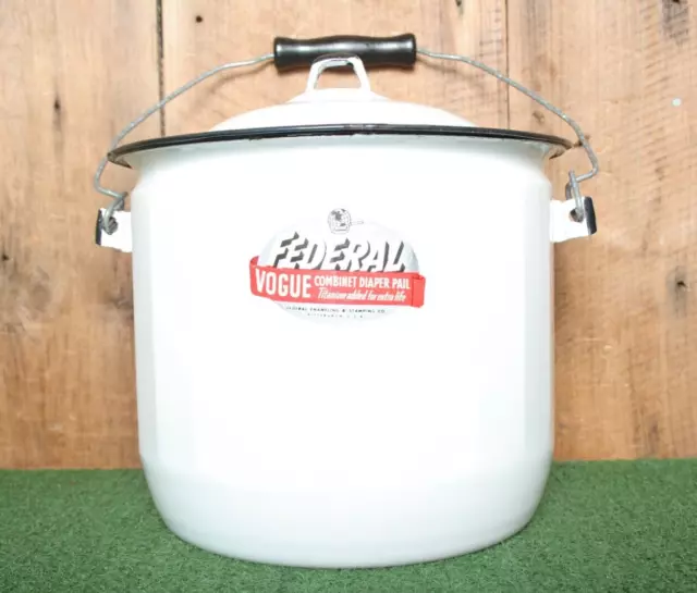 FEDERAL White & Black Enamelware Combinet Diaper Pail Pot Bucket w/Lid & Handle