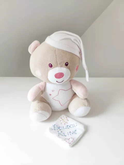 Peluche/Doudou Ours Beige Étoile Rose Luminescent Bonnet Blanc - Sucre D'orge