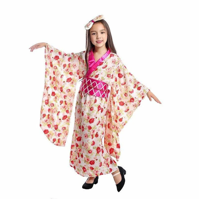 Bambini Ragazza Motivo Floreale Lungo Giapponese Abiti Manica Kimono Cosplay Da