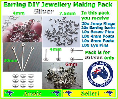Earrings Jewellery Making Kit Pack include Jump Rings Posts Screw Eye Pins Backs