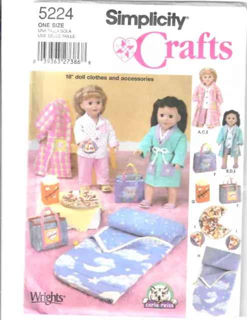 18" Doll Clothes Pattern One Size Simplicity 5224 Pajamas Sleeping Bag Top Robe