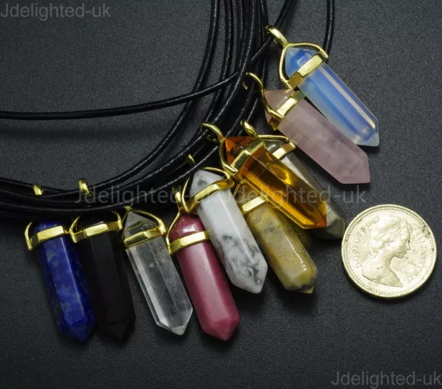 Natural Gemstone Hexagonal Point Reiki Chakra Pendant Real Leather Necklace Gold