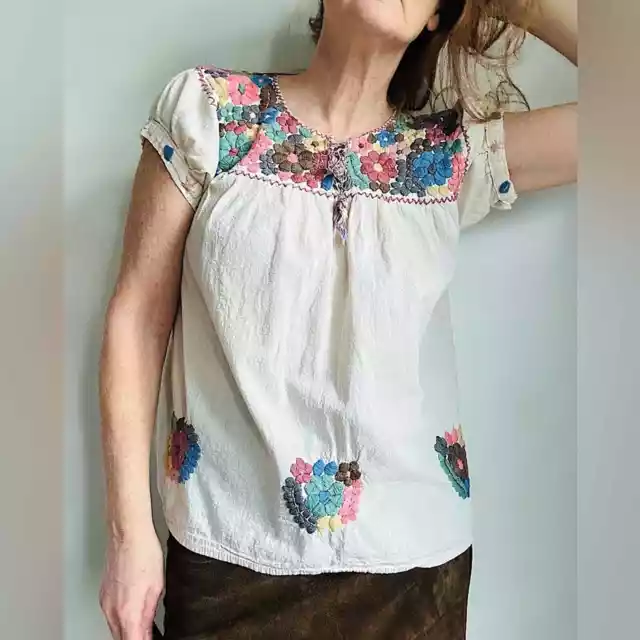 Vintage Ethnic Blouse Huipil Style Embroidered Cotton Pastels Small Fit Womens