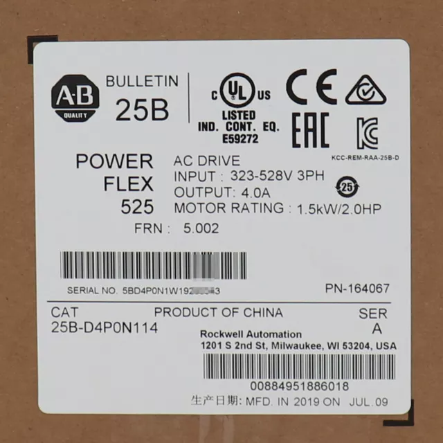 Allen-Bradley AB 25B-D4P0N114 PowerFlex 525 AC Drive 1.5kW 2HP Factory Sealed