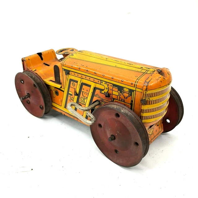 VINTAGE RARE MARX Toys Friction Wind Up Lithograph Tin Tractor Orange