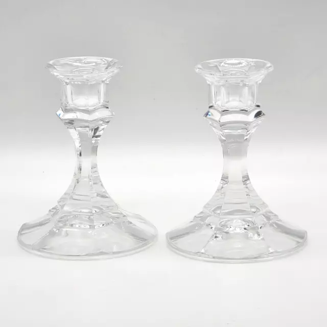 Clear Glass  24% Lead Crystal Candlestick Holders Pair Set Of 2 USA Vintage 4 in