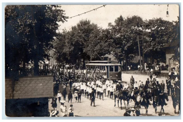 c1910's Parade Marching Band Streetcar Trolley RPPC Unposted Photo Postcard