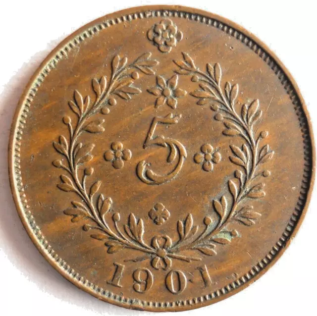 1901 AZORES 5 REIS - AU - HARD TO FIND HIGH VALUE Coin - lot #Y3