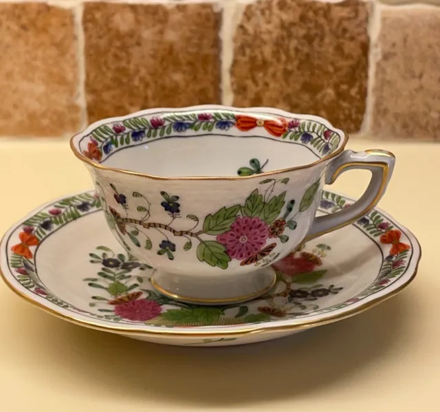 Vintage Herend Indian Basket Multicolour Mocha Cup and Saucer, Hand Painted.