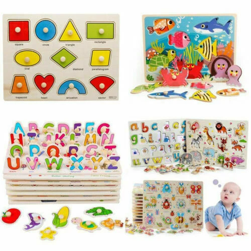 WOODEN PUZZLE BABY Kids Toddler Jigsaw Alphabet Letters Animal Learning ...