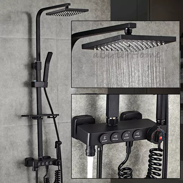 Matte Black Bathroom Rain Shower Head Kit Bath Tub Faucet Thermostatic Mixer Set 2