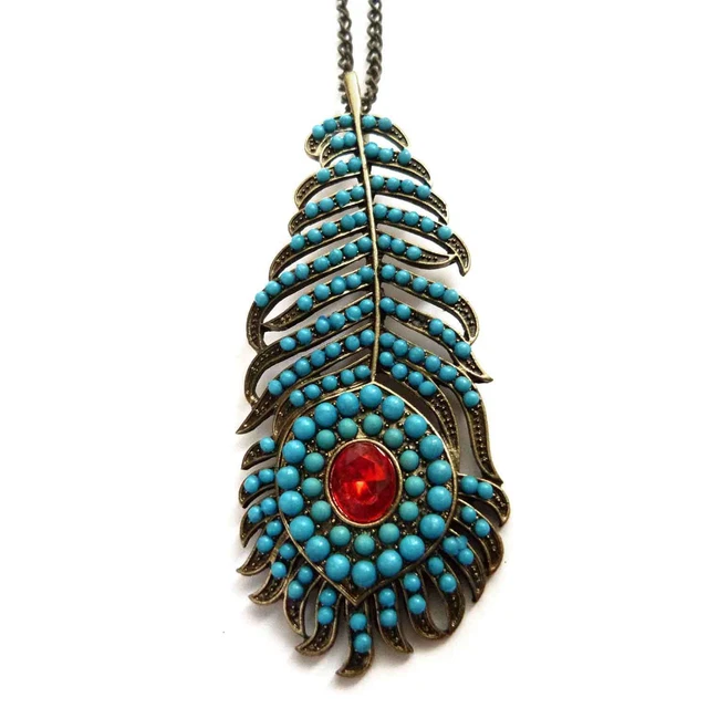 COLLIER SAUTOIR FEMME long pendentif doré grande plume bleu