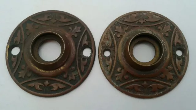 Pair Antique Brass Door Knob Rosettes Victorian Eastlake Fancy Door Hardware