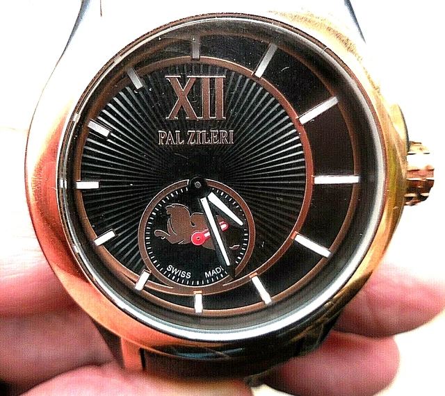 Montre PAL ZILERI Suisse élégante – Cadran Argenté, Date, Quartz, Cuir, Années 2000