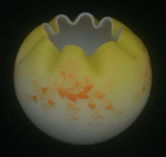 Antique Mt. Washington Hand Blown Satin Lemon Yellow Enamel Art Glass Rose Bowl